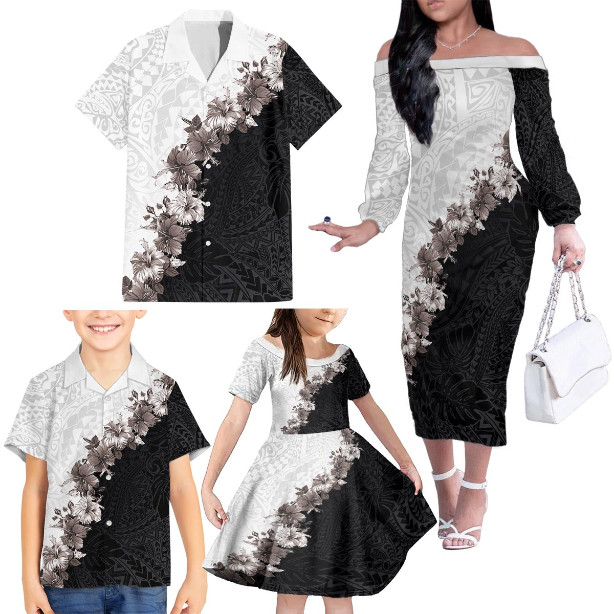 Hawaii Grayscale Hibiscus Flowers Family Matching Off The Shoulder Long Sleeve Dress and Hawaiian Shirt Polynesian Pattern With Half Black White Version LT03 - Polynesian Pride