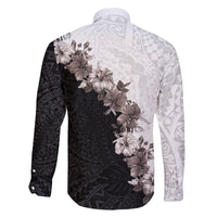 Hawaii Grayscale Hibiscus Flowers Family Matching Off The Shoulder Long Sleeve Dress and Hawaiian Shirt Polynesian Pattern With Half Black White Version