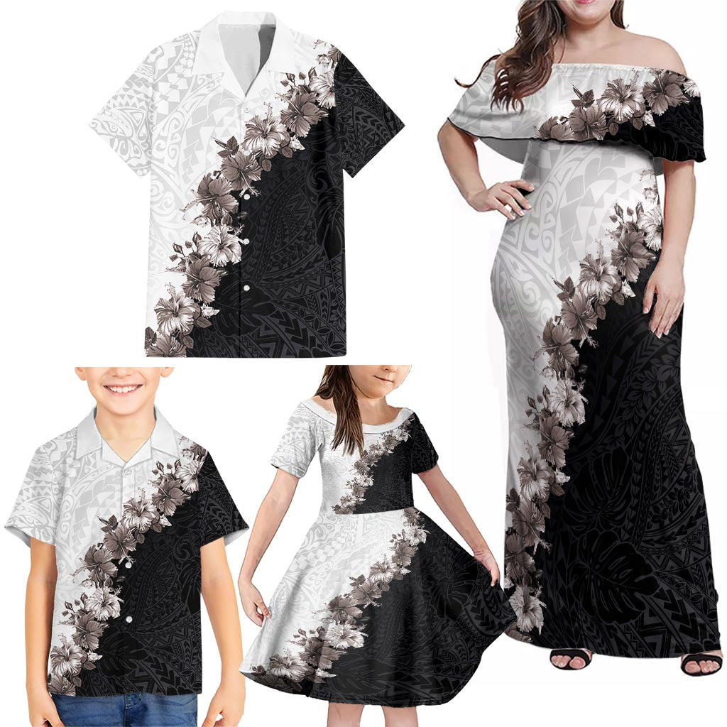 Hawaii Grayscale Hibiscus Flowers Family Matching Off Shoulder Maxi Dress and Hawaiian Shirt Polynesian Pattern With Half Black White Version