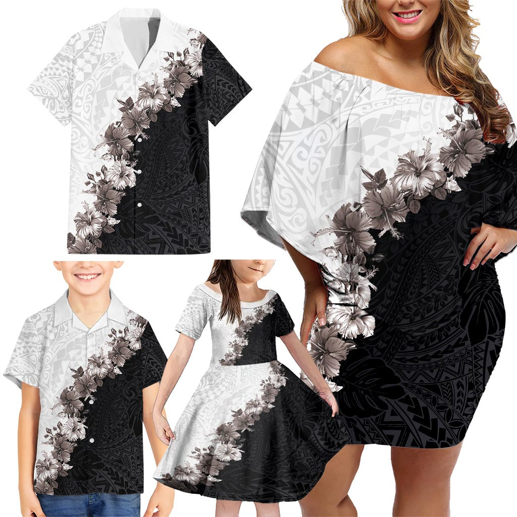 Hawaii Grayscale Hibiscus Flowers Family Matching Off Shoulder Short Dress and Hawaiian Shirt Polynesian Pattern With Half Black White Version