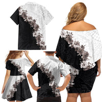 Hawaii Grayscale Hibiscus Flowers Family Matching Off Shoulder Short Dress and Hawaiian Shirt Polynesian Pattern With Half Black White Version LT03 - Polynesian Pride