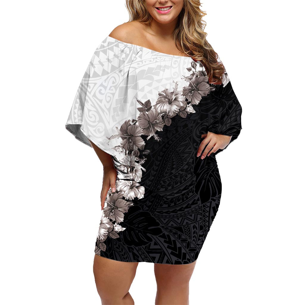 Hawaii Grayscale Hibiscus Flowers Family Matching Off Shoulder Short Dress and Hawaiian Shirt Polynesian Pattern With Half Black White Version LT03 Mom's Dress Black - Polynesian Pride