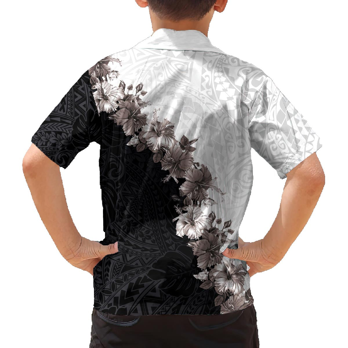 Hawaii Grayscale Hibiscus Flowers Family Matching Puletasi and Hawaiian Shirt Polynesian Pattern With Half Black White Version LT03 - Polynesian Pride