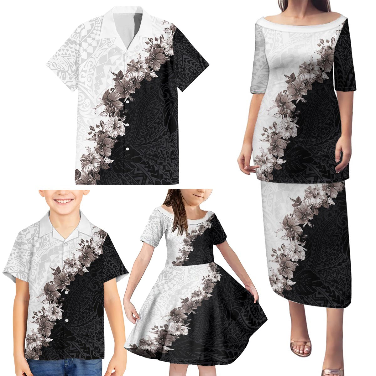Hawaii Grayscale Hibiscus Flowers Family Matching Puletasi and Hawaiian Shirt Polynesian Pattern With Half Black White Version LT03 - Polynesian Pride