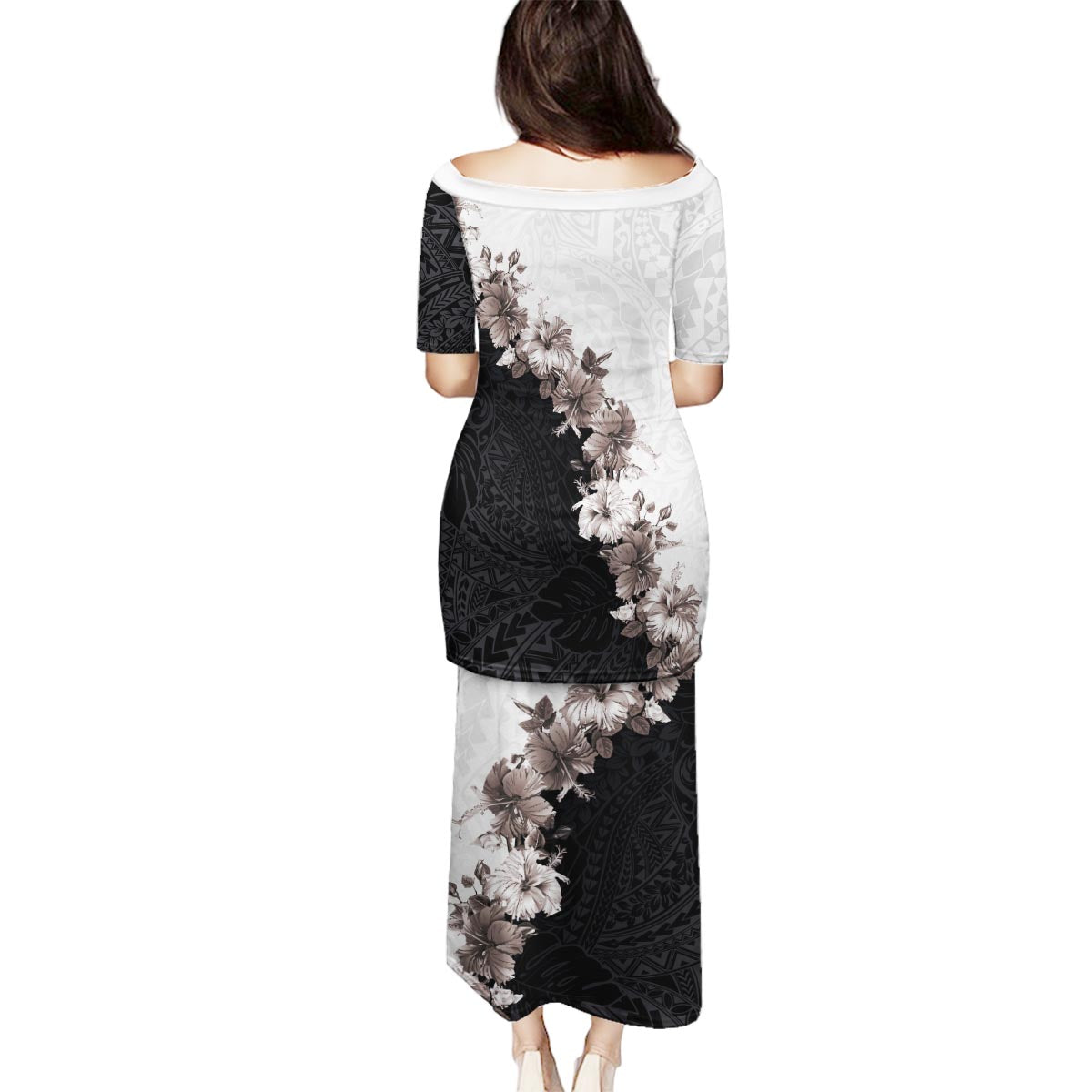 Hawaii Grayscale Hibiscus Flowers Family Matching Puletasi and Hawaiian Shirt Polynesian Pattern With Half Black White Version LT03 - Polynesian Pride