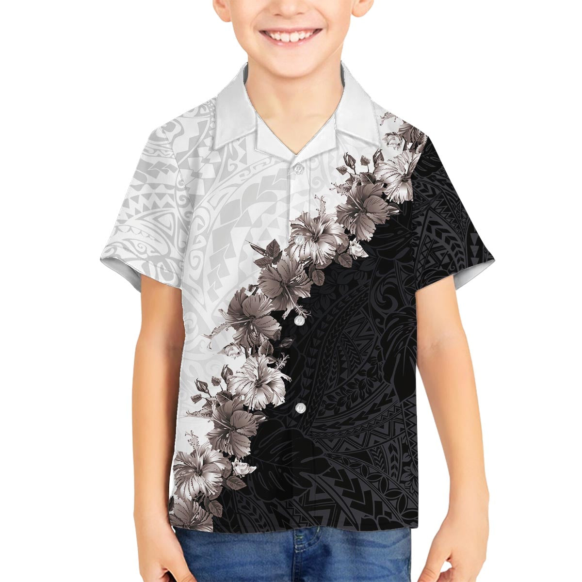 Hawaii Grayscale Hibiscus Flowers Family Matching Puletasi and Hawaiian Shirt Polynesian Pattern With Half Black White Version LT03 Son's Shirt Black - Polynesian Pride