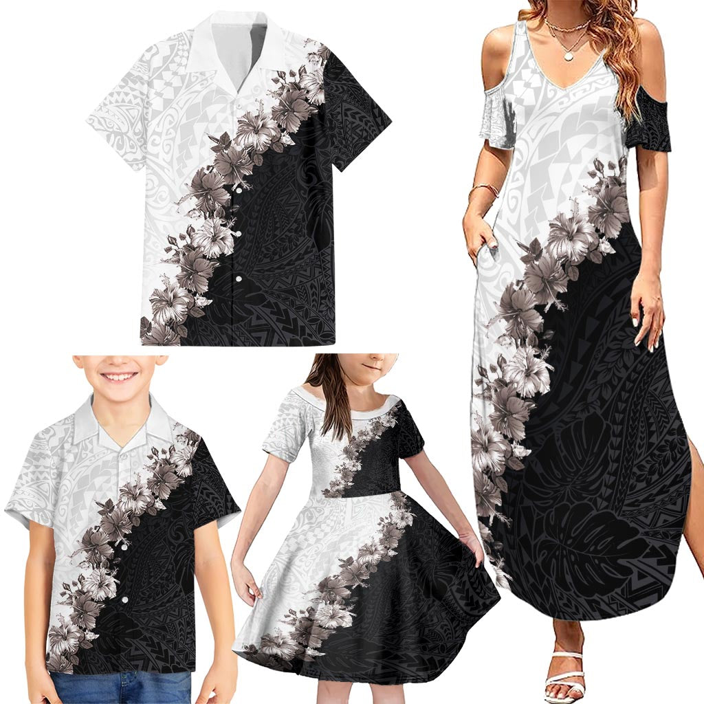 Hawaii Grayscale Hibiscus Flowers Family Matching Summer Maxi Dress and Hawaiian Shirt Polynesian Pattern With Half Black White Version