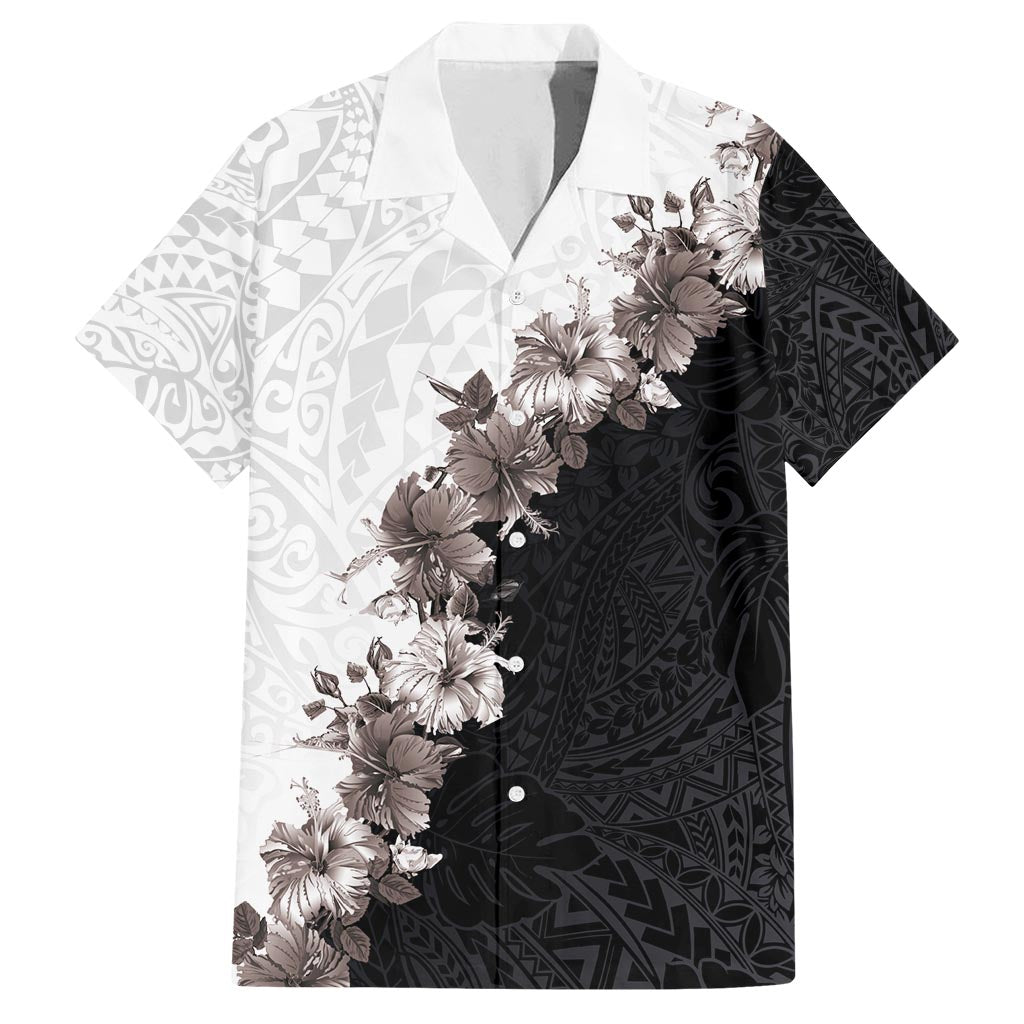 Hawaii Grayscale Hibiscus Flowers Family Matching Summer Maxi Dress and Hawaiian Shirt Polynesian Pattern With Half Black White Version LT03 Dad's Shirt - Short Sleeve Black - Polynesian Pride