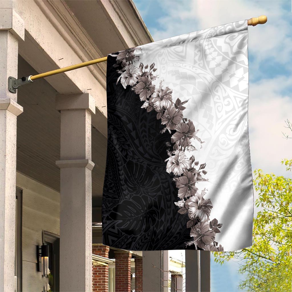 Hawaii Grayscale Hibiscus Flowers Garden Flag Polynesian Pattern With Half Black White Version