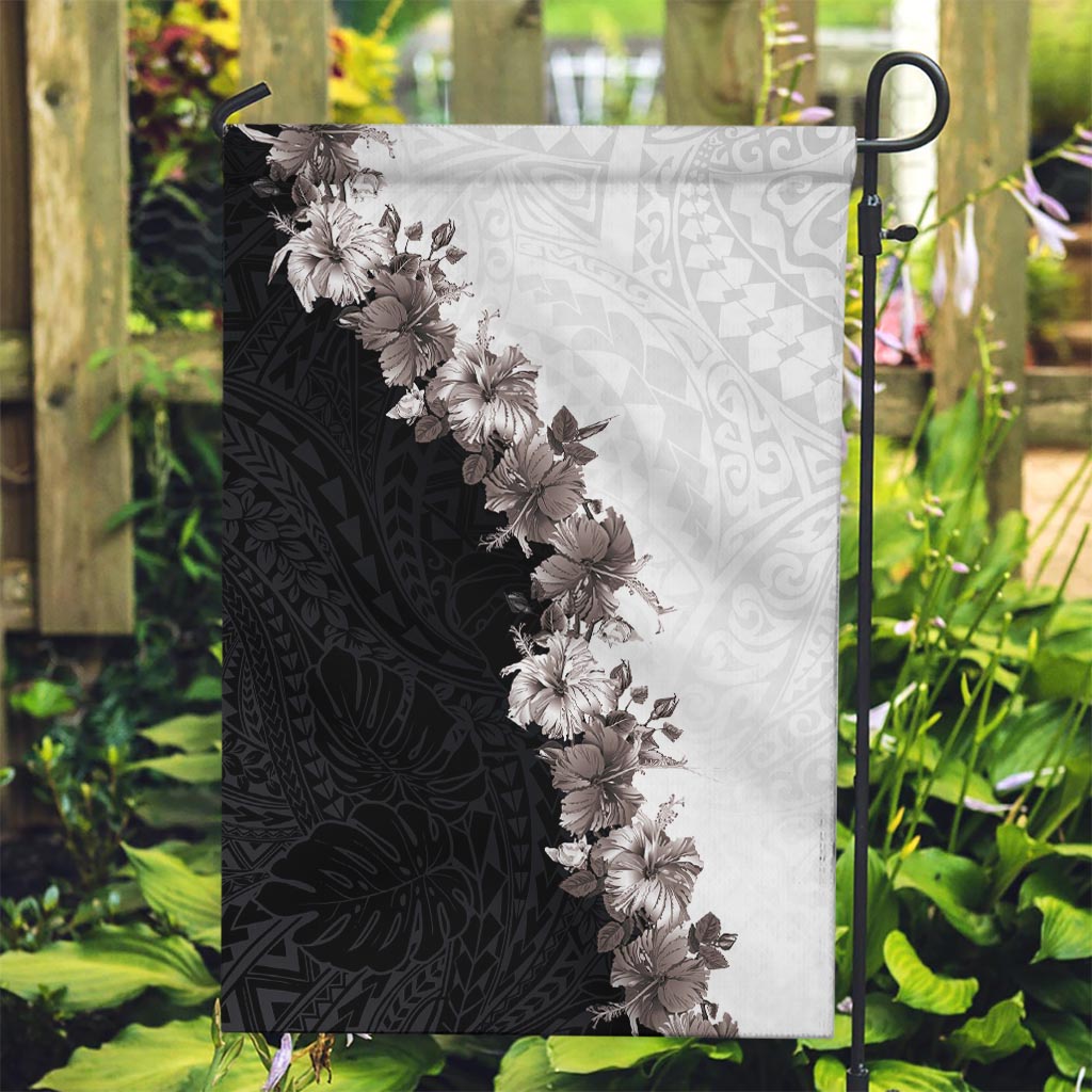 Hawaii Grayscale Hibiscus Flowers Garden Flag Polynesian Pattern With Half Black White Version LT03 Garden Flag Black - Polynesian Pride