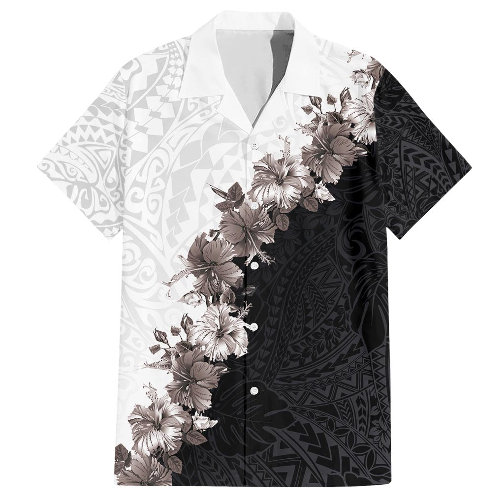 Hawaii Grayscale Hibiscus Flowers Hawaiian Shirt Polynesian Pattern With Half Black White Version