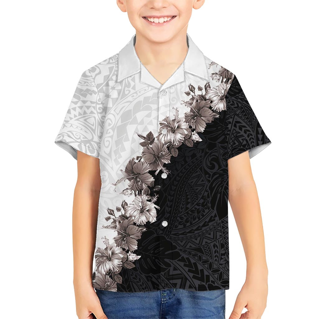 Hawaii Grayscale Hibiscus Flowers Kid Hawaiian Shirt Polynesian Pattern With Half Black White Version