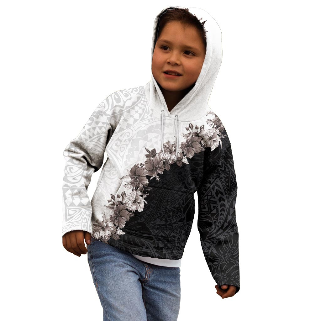 Hawaii Grayscale Hibiscus Flowers Kid Hoodie Polynesian Pattern With Half Black White Version