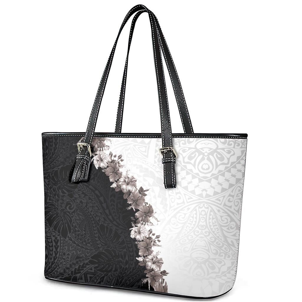 Hawaii Grayscale Hibiscus Flowers Leather Tote Bag Polynesian Pattern With Half Black White Version LT03 - Polynesian Pride