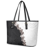 Hawaii Grayscale Hibiscus Flowers Leather Tote Bag Polynesian Pattern With Half Black White Version LT03 - Polynesian Pride