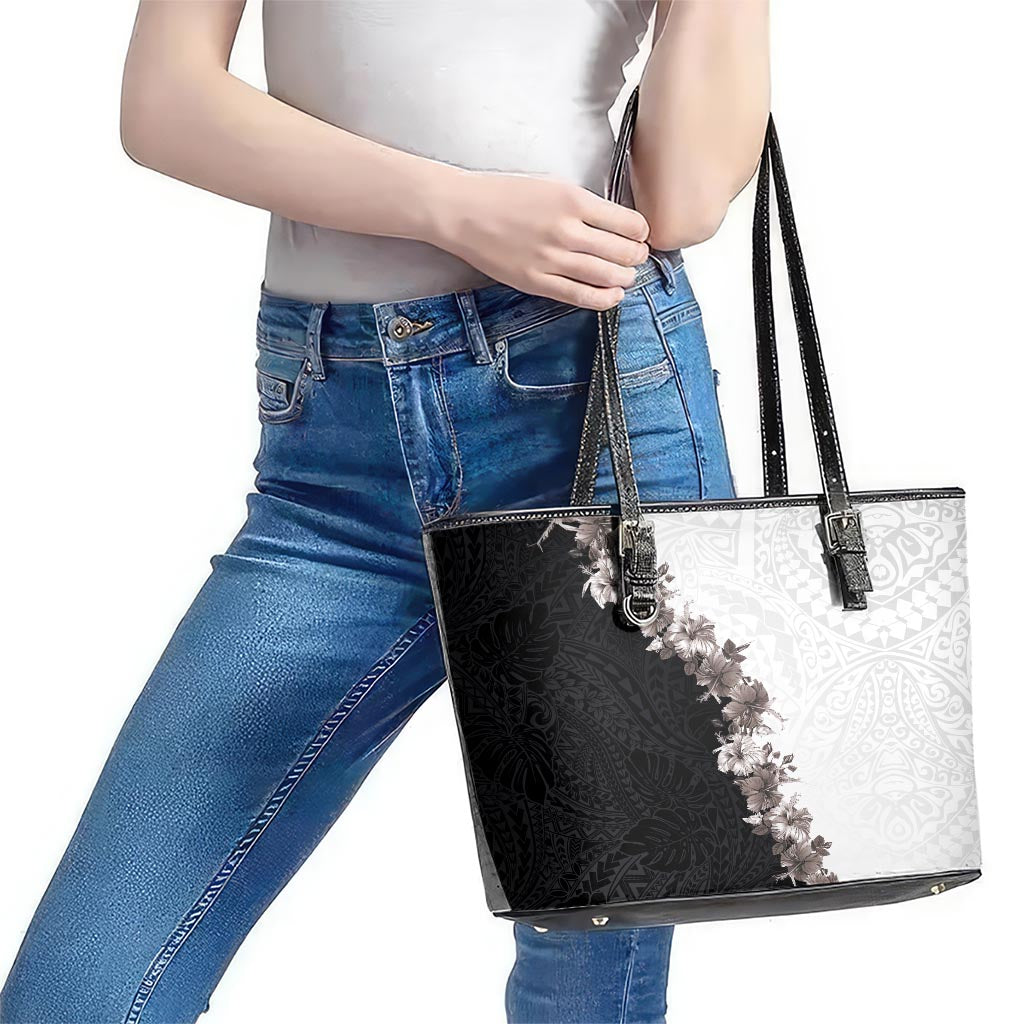 Hawaii Grayscale Hibiscus Flowers Leather Tote Bag Polynesian Pattern With Half Black White Version LT03 - Polynesian Pride