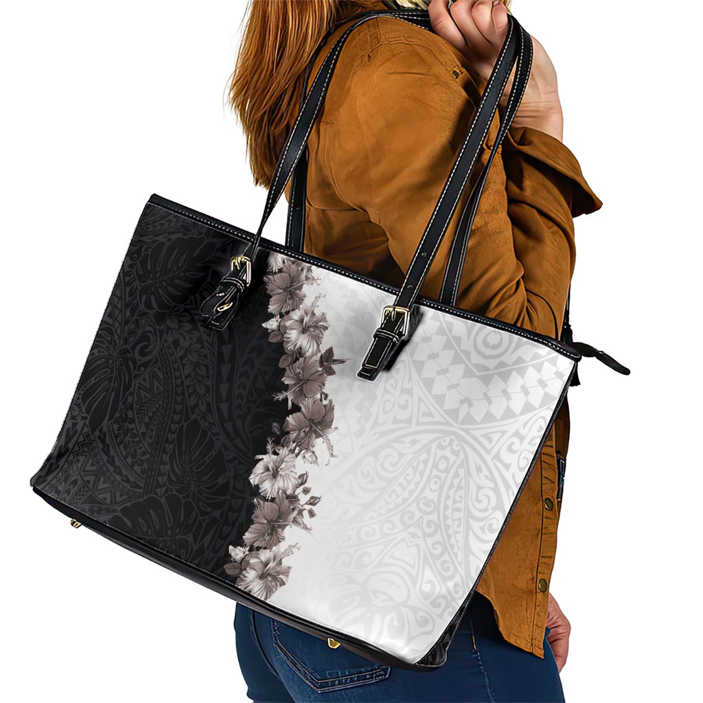 Hawaii Grayscale Hibiscus Flowers Leather Tote Bag Polynesian Pattern With Half Black White Version LT03 - Polynesian Pride