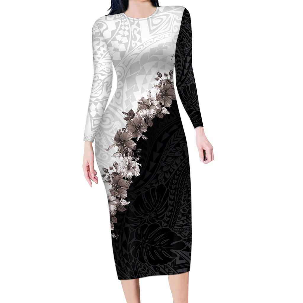 Hawaii Grayscale Hibiscus Flowers Long Sleeve Bodycon Dress Polynesian Pattern With Half Black White Version