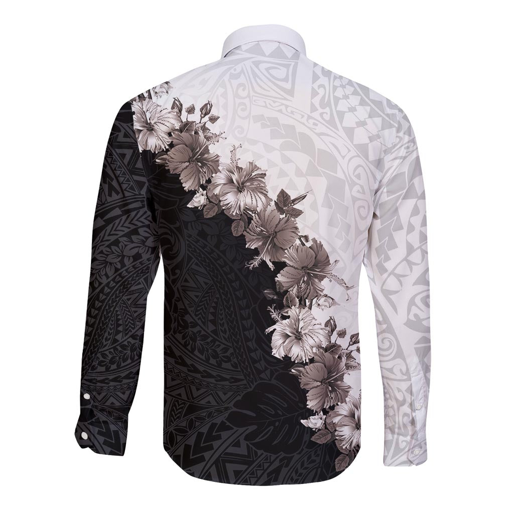 Hawaii Grayscale Hibiscus Flowers Long Sleeve Button Shirt Polynesian Pattern With Half Black White Version