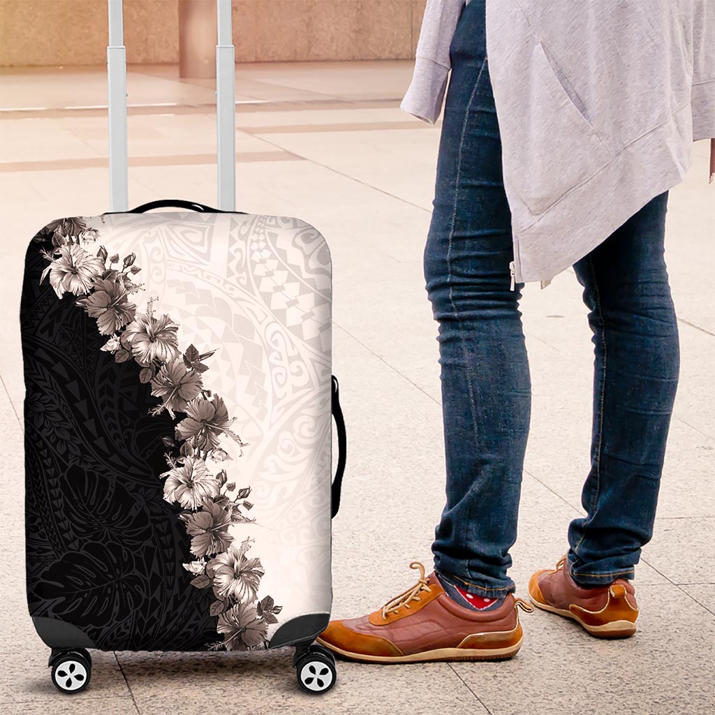 Hawaii Grayscale Hibiscus Flowers Luggage Cover Polynesian Pattern With Half Black White Version