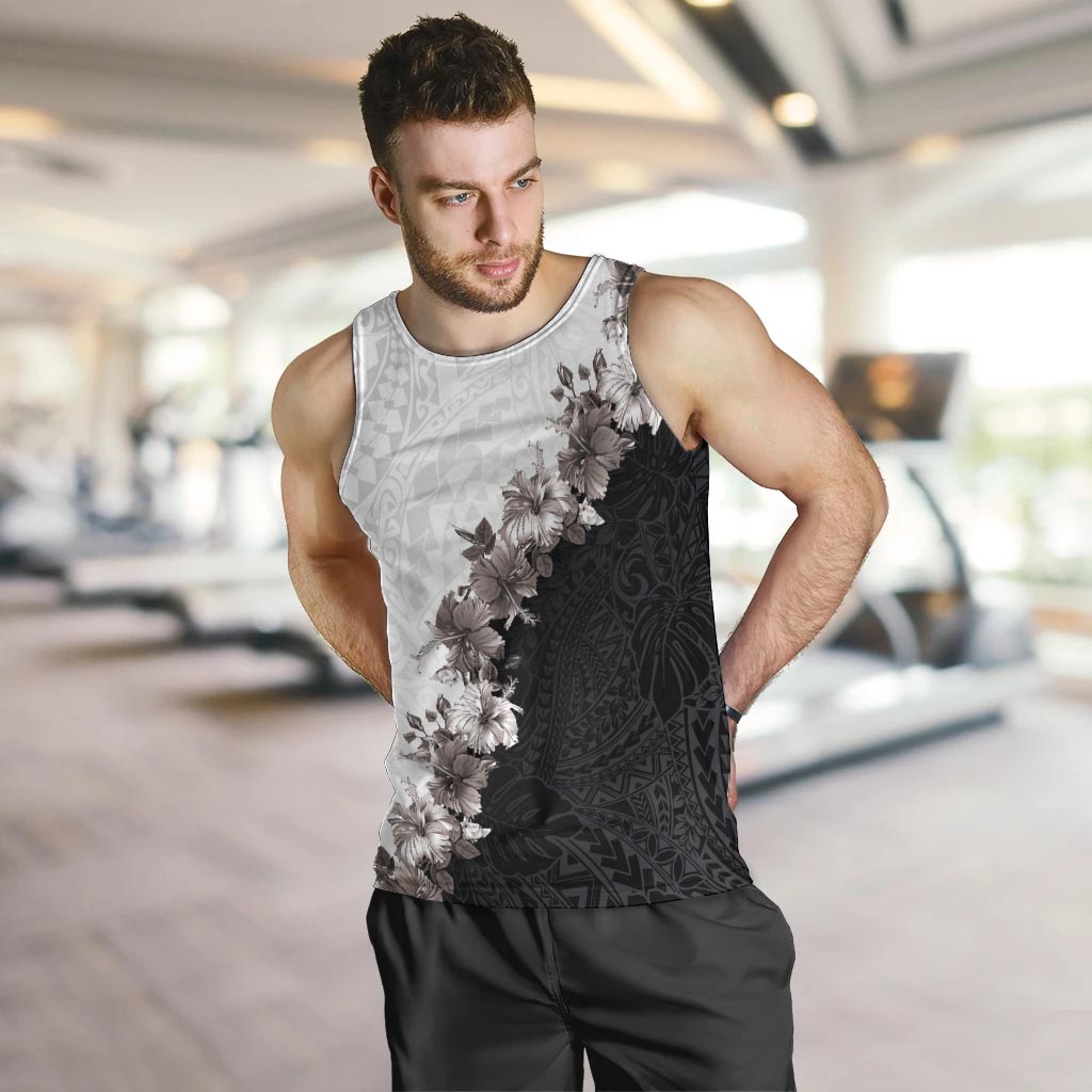Hawaii Grayscale Hibiscus Flowers Men Tank Top Polynesian Pattern With Half Black White Version LT03 Black - Polynesian Pride