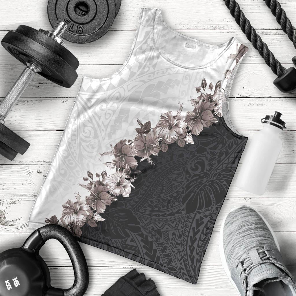 Hawaii Grayscale Hibiscus Flowers Men Tank Top Polynesian Pattern With Half Black White Version LT03 - Polynesian Pride