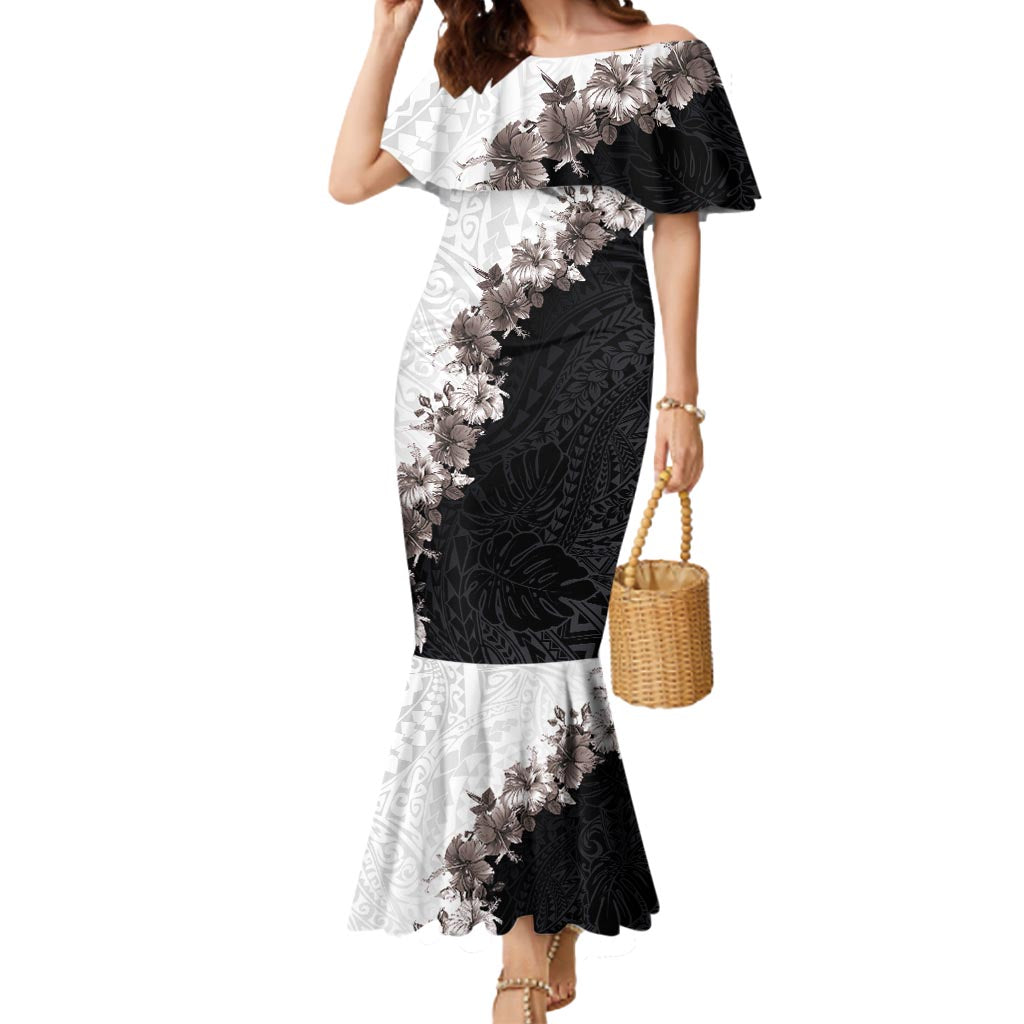 Hawaii Grayscale Hibiscus Flowers Mermaid Dress Polynesian Pattern With Half Black White Version