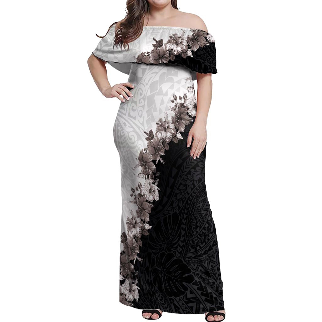 Hawaii Grayscale Hibiscus Flowers Off Shoulder Maxi Dress Polynesian Pattern With Half Black White Version LT03 Women Black - Polynesian Pride
