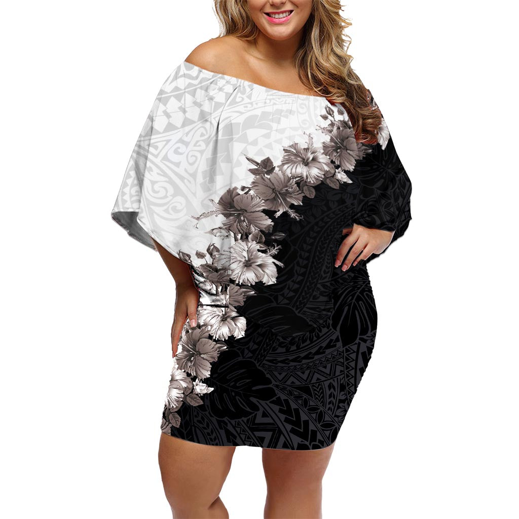 Hawaii Grayscale Hibiscus Flowers Off Shoulder Short Dress Polynesian Pattern With Half Black White Version LT03 Women Black - Polynesian Pride