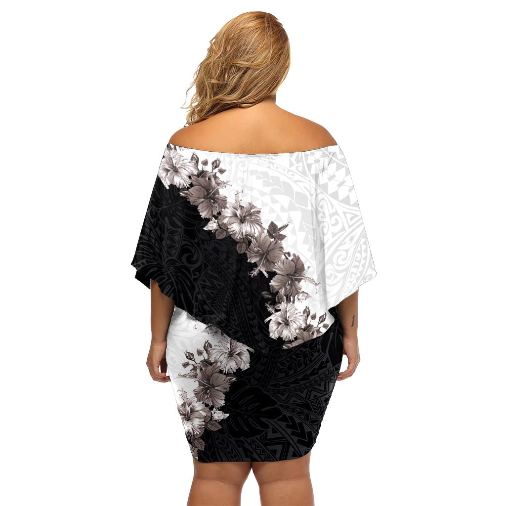 Hawaii Grayscale Hibiscus Flowers Off Shoulder Short Dress Polynesian Pattern With Half Black White Version LT03 - Polynesian Pride