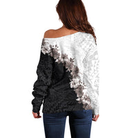Hawaii Grayscale Hibiscus Flowers Off Shoulder Sweater Polynesian Pattern With Half Black White Version