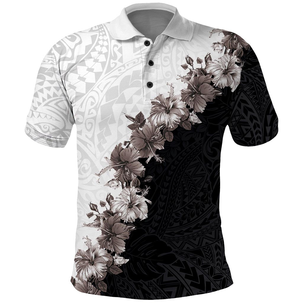 Hawaii Grayscale Hibiscus Flowers Polo Shirt - Polynesian Pattern - Half Black White Version LT03 Black - Polynesian Pride