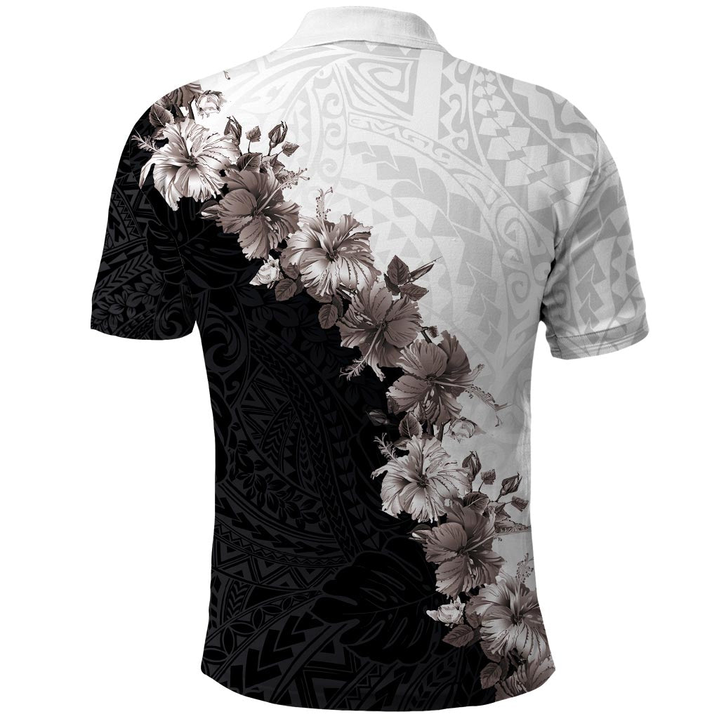Hawaii Grayscale Hibiscus Flowers Polo Shirt - Polynesian Pattern - Half Black White Version LT03 - Polynesian Pride
