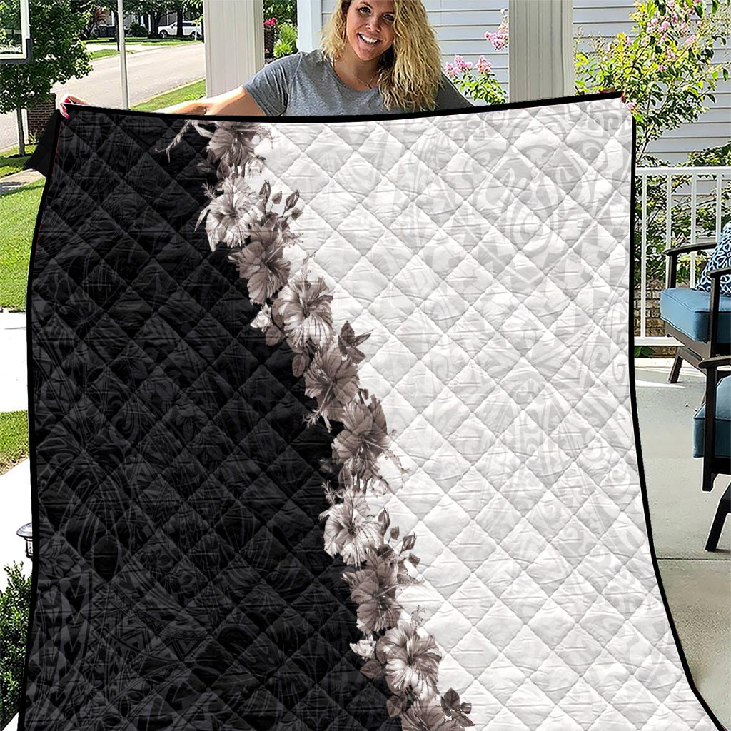 Hawaii Grayscale Hibiscus Flowers Quilt Polynesian Pattern With Half Black White Version