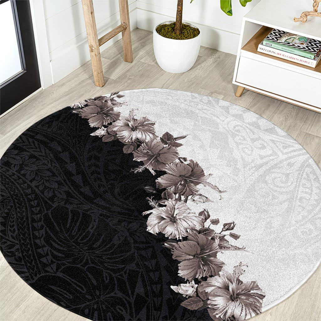 Hawaii Grayscale Hibiscus Flowers Round Carpet Polynesian Pattern With Half Black White Version