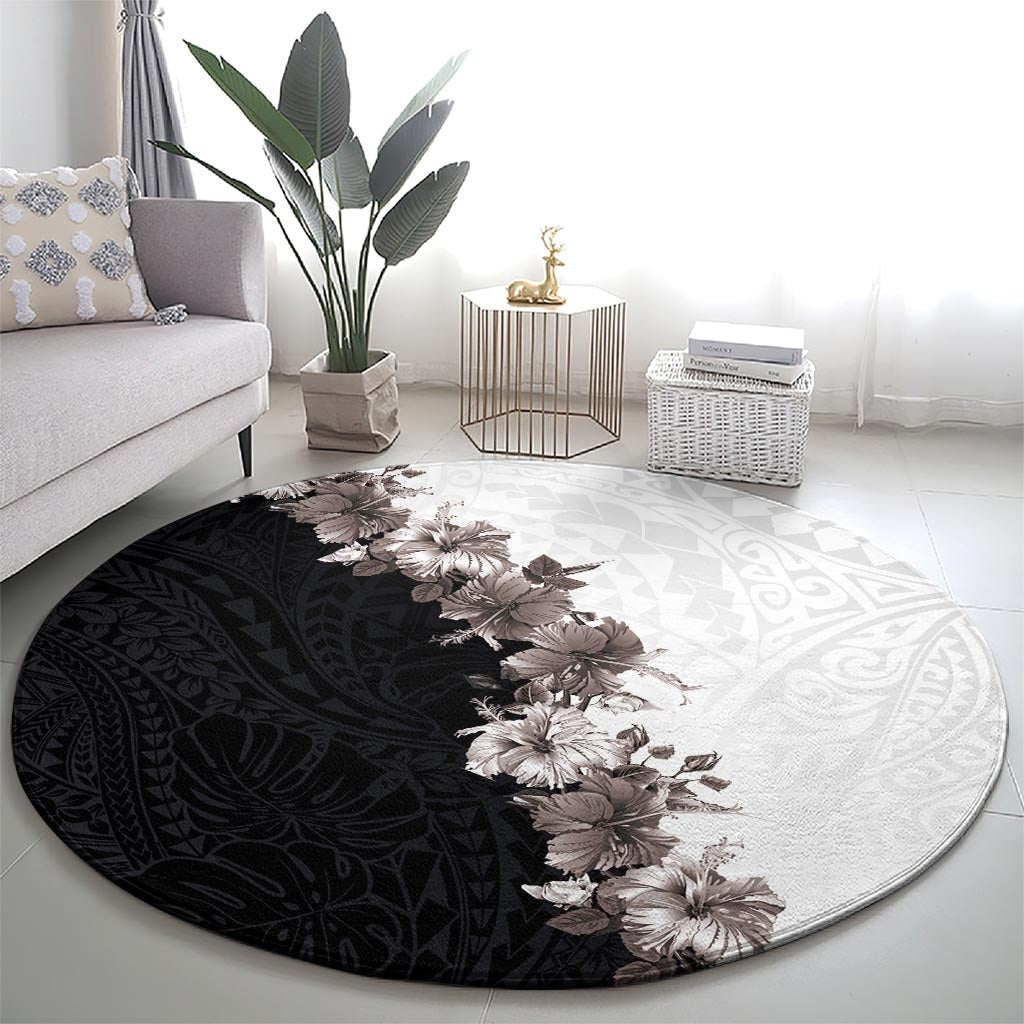 Hawaii Grayscale Hibiscus Flowers Round Carpet Polynesian Pattern With Half Black White Version