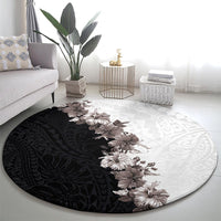 Hawaii Grayscale Hibiscus Flowers Round Carpet Polynesian Pattern With Half Black White Version