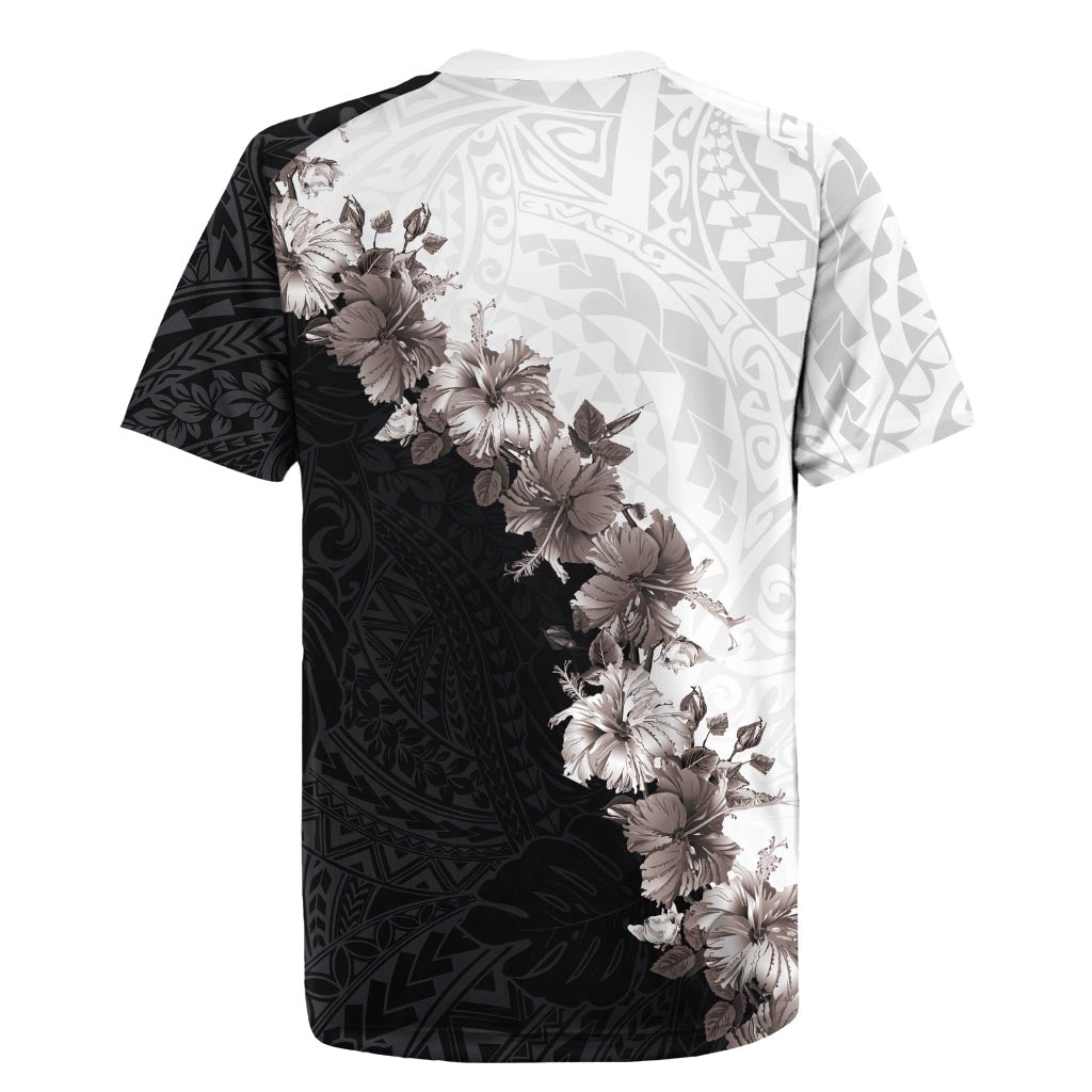 Hawaii Grayscale Hibiscus Flowers Rugby Jersey Polynesian Pattern With Half Black White Version LT03 - Polynesian Pride