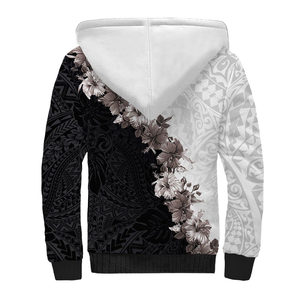 Hawaii Grayscale Hibiscus Flowers Sherpa Hoodie Polynesian Pattern With Half Black White Version LT03 - Polynesian Pride