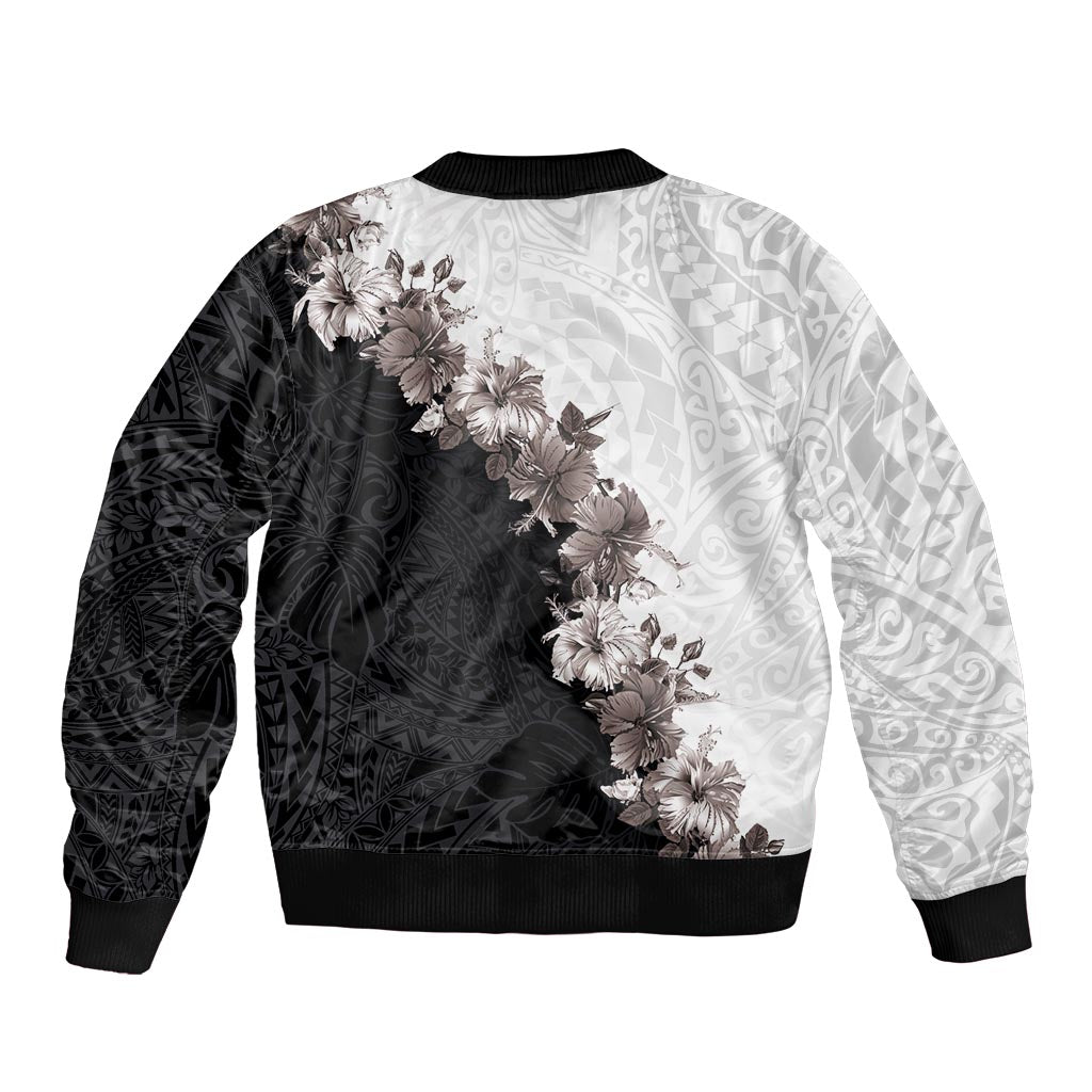 Hawaii Grayscale Hibiscus Flowers Sleeve Zip Bomber Jacket Polynesian Pattern With Half Black White Version LT03 - Polynesian Pride