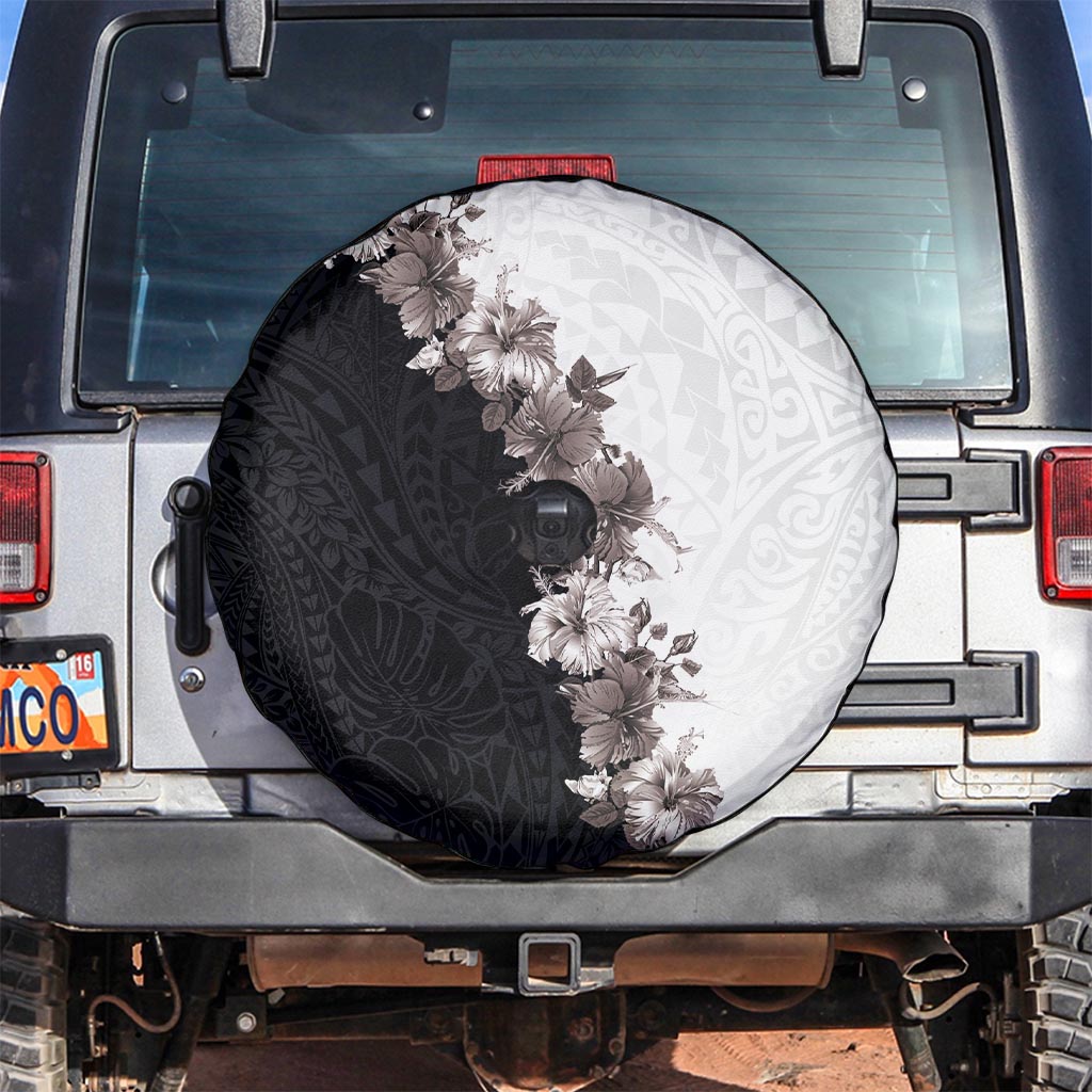 Hawaii Grayscale Hibiscus Flowers Spare Tire Cover Polynesian Pattern With Half Black White Version