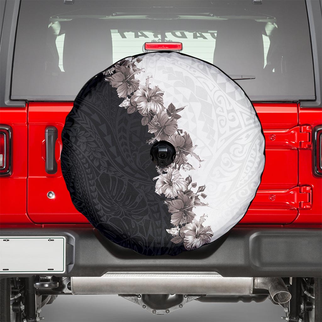 Hawaii Grayscale Hibiscus Flowers Spare Tire Cover Polynesian Pattern With Half Black White Version LT03 - Polynesian Pride