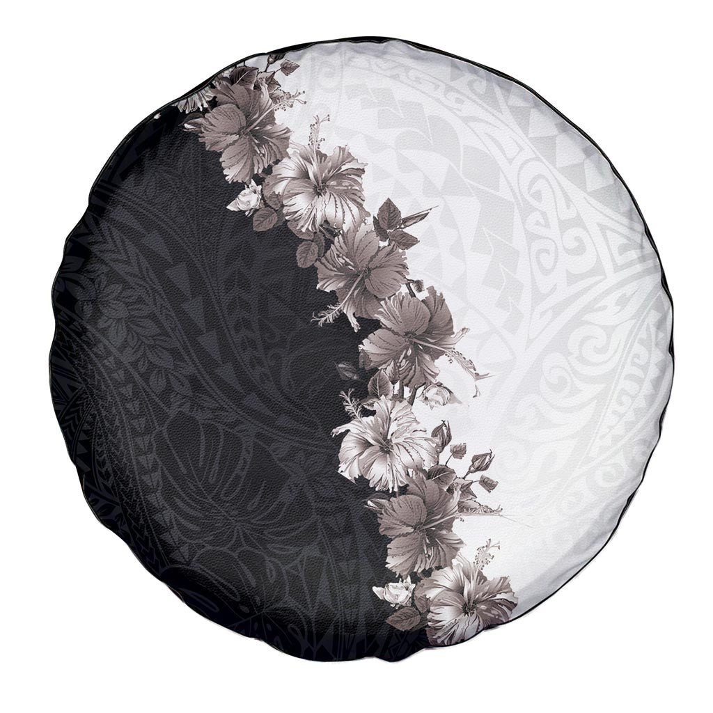 Hawaii Grayscale Hibiscus Flowers Spare Tire Cover Polynesian Pattern With Half Black White Version LT03 - Polynesian Pride