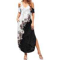 Hawaii Grayscale Hibiscus Flowers Summer Maxi Dress Polynesian Pattern With Half Black White Version LT03 Women Black - Polynesian Pride