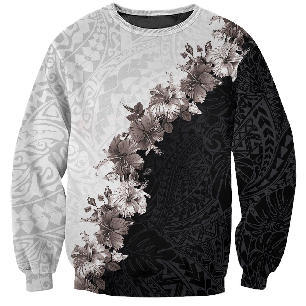 Hawaii Grayscale Hibiscus Flowers Sweatshirt Polynesian Pattern With Half Black White Version LT03 Unisex Black - Polynesian Pride