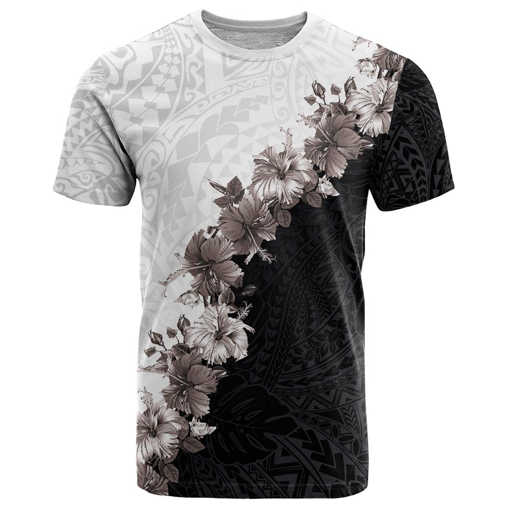 Hawaii Grayscale Hibiscus Flowers T Shirt Polynesian Pattern With Half Black White Version