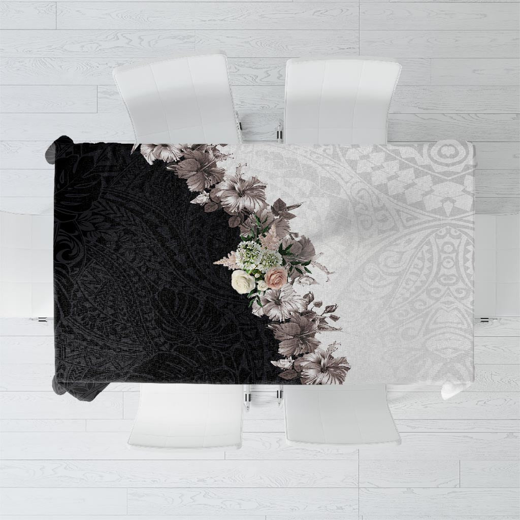 Hawaii Grayscale Hibiscus Flowers Tablecloth Polynesian Pattern With Half Black White Version