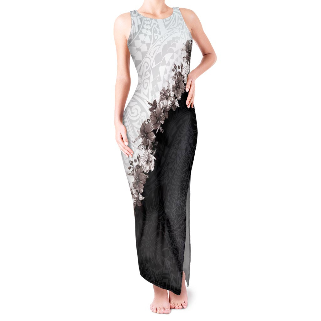 Hawaii Grayscale Hibiscus Flowers Tank Maxi Dress Polynesian Pattern With Half Black White Version LT03 Women Black - Polynesian Pride