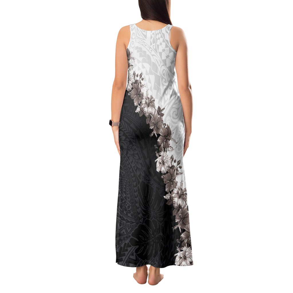 Hawaii Grayscale Hibiscus Flowers Tank Maxi Dress Polynesian Pattern With Half Black White Version LT03 - Polynesian Pride