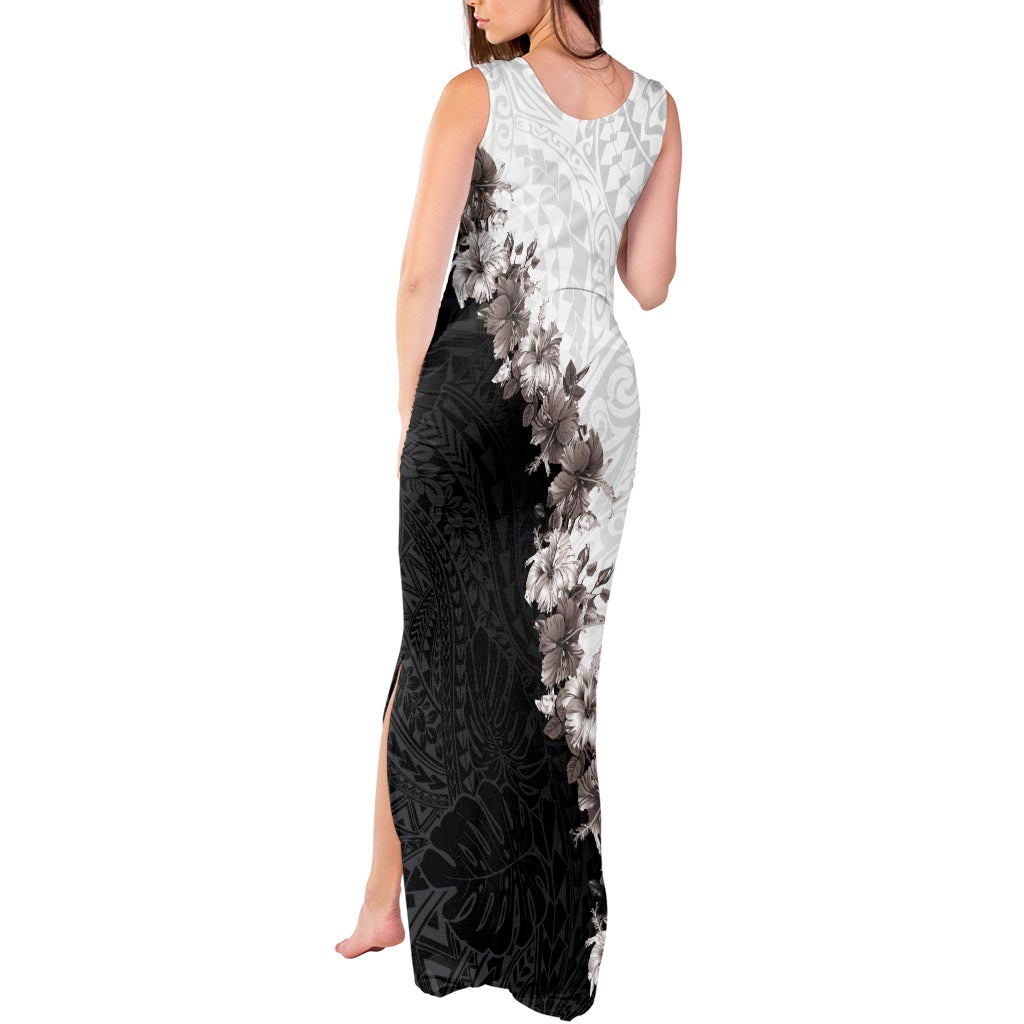 Hawaii Grayscale Hibiscus Flowers Tank Maxi Dress Polynesian Pattern With Half Black White Version LT03 - Polynesian Pride
